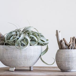 Distressed Footed Terracotta Planter with Fluted Texture