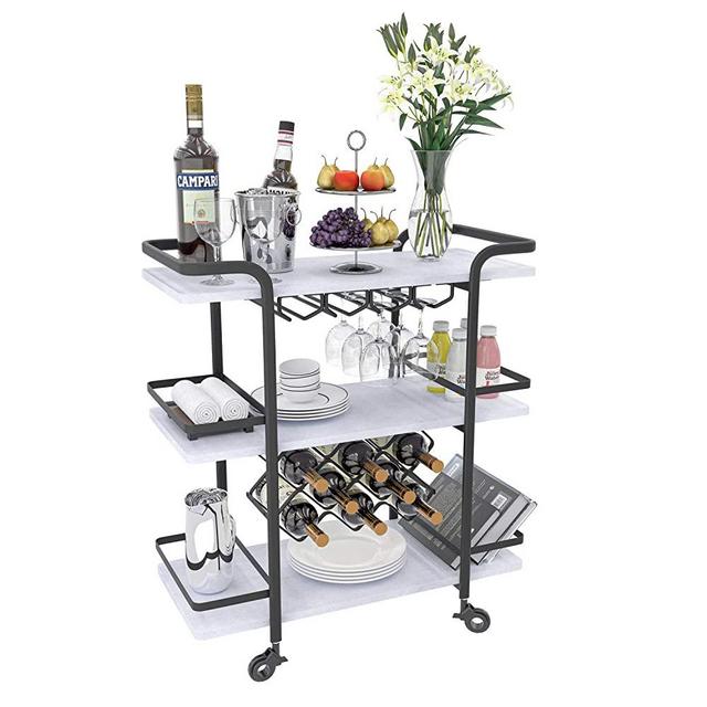 Jubao Bar Cart, 3-Tier Storage Serving Cart Rolling Wine Trolley Kitchen Island Cart with Wine Glass Holder, Handle Racks with Litght Stone Finish Wood and Black Metal Commercial or Home Use