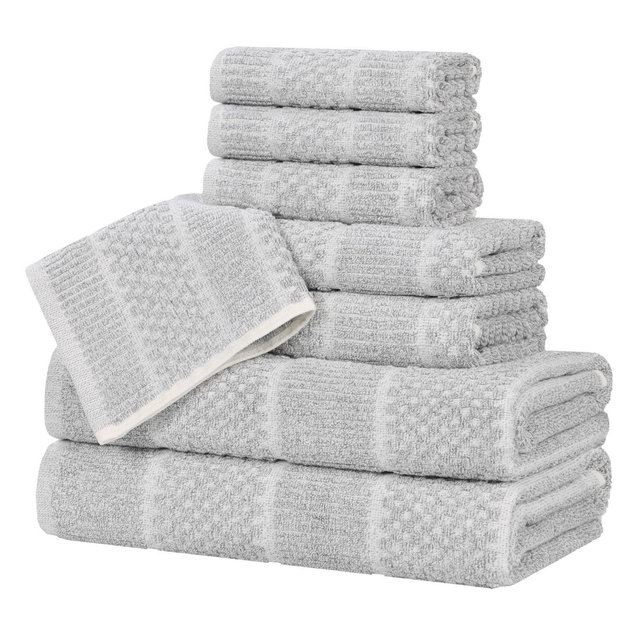 Viscose Cotton Blend Medium Weight Soft Textured Checkered and Ribbed 8 Piece Towel Set, Platinum - Blue Nile Mills