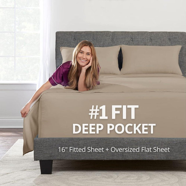 King Size Sheets Set – Sheets for King Size Bed Deep Pocket King Size Sheets – King Size Bed Sheets – 16” Deep Pockets Fitted Sheet – Oversize Flat Sheet – 2 Zipper Closure Pillowcases – Taupe Sand