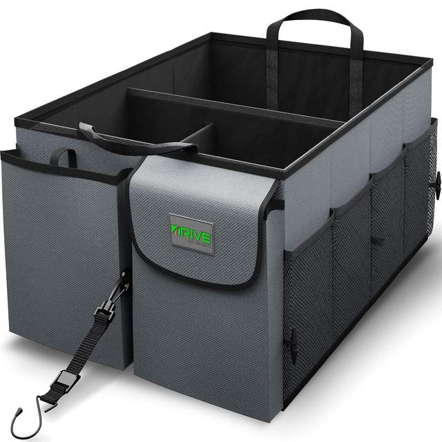 Drive Auto Car Trunk Organizer - Collapsible, Multi-Compartment Automotive SUV Car Organizer for Storage w/ Adjustable Straps - Truck Car Accessories for Women and Men - Grey