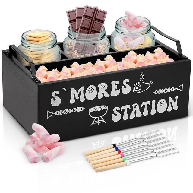 Mifoci 8 Pcs S'mores Station Smores Caddy 11.3 x 7.3 x 4.3 Inches with 6 Pcs Extendable Marshmallow Roasting Sticks and Drawstring Bag Smores Box with Handle for Campfire BBQ Outdoor Camping