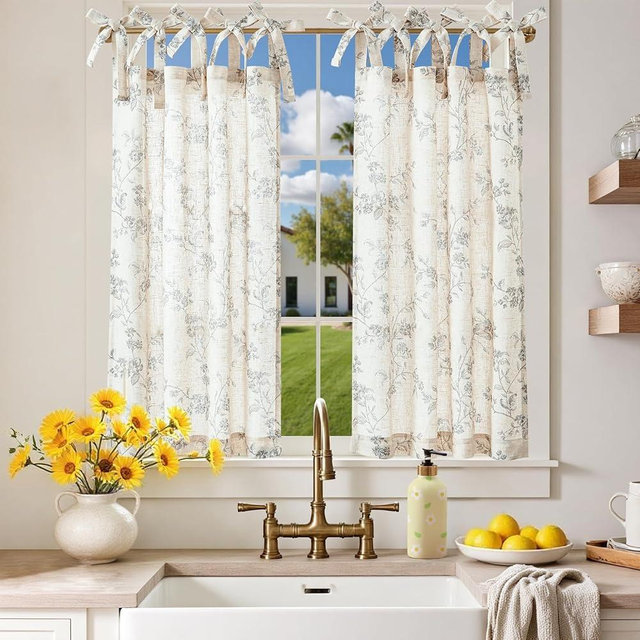 jinchan Floral Kitchen Curtains 36 Inch Linen Tier Curtains Farmhouse Cafe Half Window Drapes Over Sink Light Filtering Grey on Beige for Living Room Laundry Tie Top 2 Panels