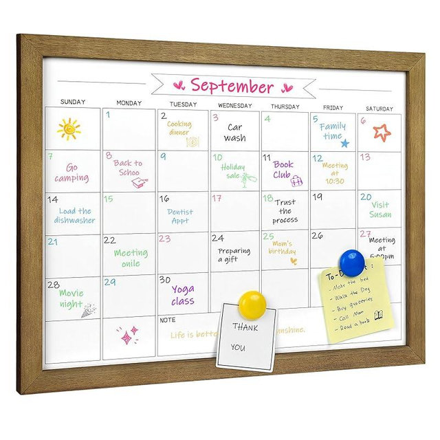 Dry Erase Monthly Calendar Whiteboard, Magnetic Surface White Board for Wall, Office/School/Home, Solid Pine Wood Rustic Brwon Frame Hanging Board & Planning Board, 13"x 17" (YL-RB-3343-B)