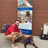 Dog Day Monday's at the Joe is another place we like to hang out. Lowell's chilling in front of our Pet Therapy banner.