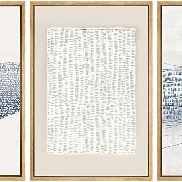 SIGNWIN Framed Canvas Print Wall Art Set Blue White Grunge Geometric Pattern Abstract Shapes Drawings Modern Art Decorative Contemporary Minimal for Living Room, Bedroom, Office - 16"x24"x3 Natural