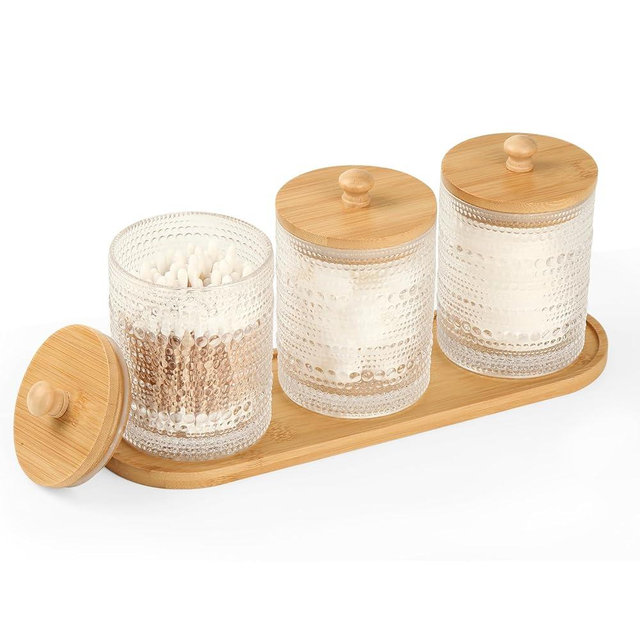 eggs sound 3 Pack Qtip Holder - Bathroom Organizers and Storage, Cotton Round Pad Holder Floss Pick Cotton Ball Holder with Tray, Glass Apothecary Jars with Lids, -clear y D