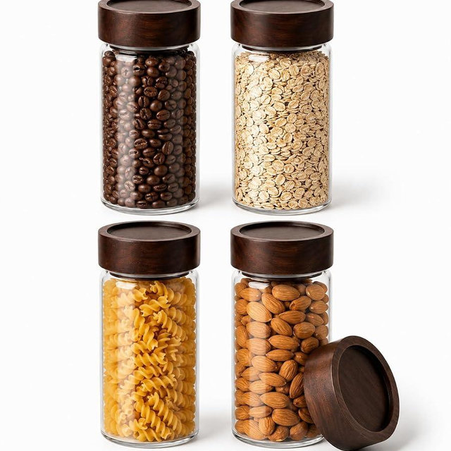 Wide Mouth Glass Storage Jars With 3" Acacia Wood Lids - 4 Pack of 16.9 Oz Airtight Food Storage Containers - Borosilicate Glass Canisters for Kitchen - Pantry Organizers Storage for Flour Rice Coffee