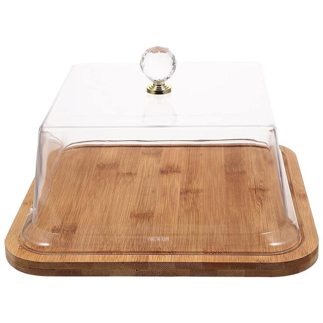 GANAZONO Wood Cake Tray with Acrylic Dome Cover Wood Server Cake Stand Square Cake Display Plate Bread Serving Platter Dessert Storage Tray for Wedding Party Supplies