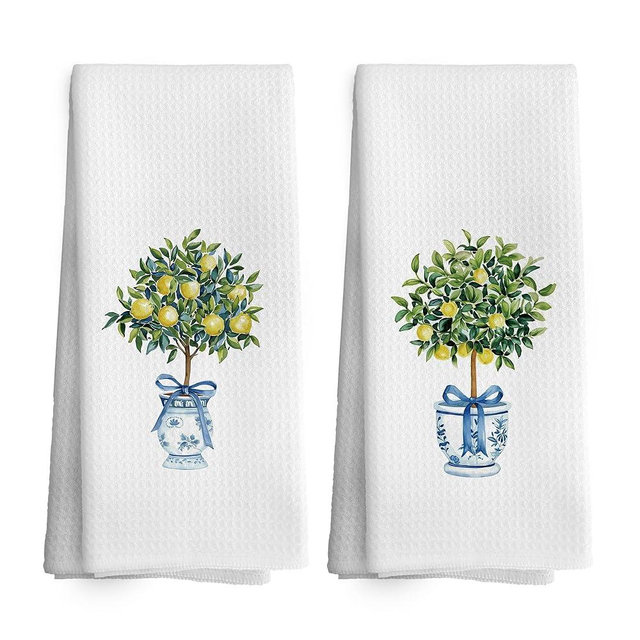 TAEDIN Chinoiserie Decor Kitchen Towels Lemon Chinoiserie Dish Towel 16x24 Inches, Blue and White Chinese Vase Decorative Absorbent Dishcloths Tea Towels Set of 2 for Kitchen Bar Cart Decor
