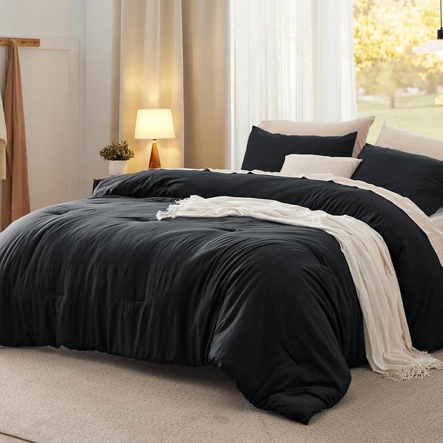 Bedsure Queen Size Comforter Set, Black Soft Prewashed Bedding for All Seasons, 3 Pieces GentleSoft™ Warm Down Alternative Bed Set, 1 Lightweight Comforter (90"x90") and 2 Pillowcases (20"x26")