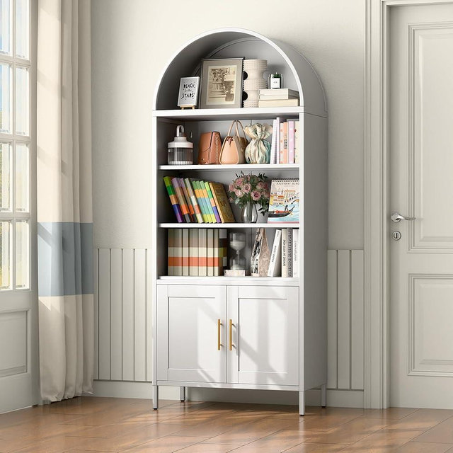 JAORD 72.83" H Metal Arched Bookcase, Freestanding Arched Bookshelf for Home Office,Assemble Require, White