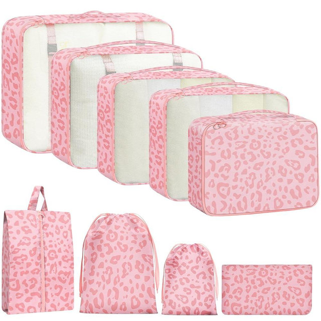 Woobolsalike 9 Set Packing Cubes for Travel Essentials - Lightweight Carry-On Luggage Organizer Bags with Shoe, Clothes & Laundry Bags for Airplane, Family & Business Travel, Pink leopard print