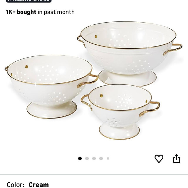 Metal Colander Set of 3, Strainer Basket with Handles perfect for Spaghetti, Pasta, Berry, Vegetable, Fruit, Solid Base Powder Coated Kitchen Essential Strainer Set, 1 & 3.5 & 5 Qt (Cream)