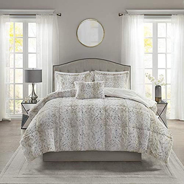 Madison Park Zuri Soft Plush Comforter Faux Fur Animal Stripes Design, Faux Mink On The Reverse Modern All Season Bedding Set with Matching Sham, King, Snow Leopard 4 Piece (MP10-6297)