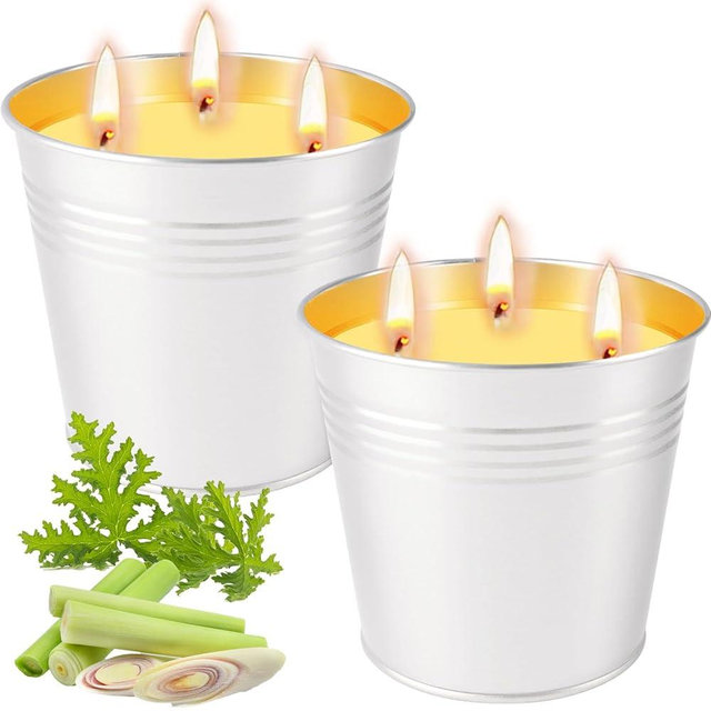 Citronella Candles Outdoor, 2 Pack 32oz Citronella Candle Set, 3-Wick Metal Bucket, 100-Hour Burn Time Each, Soy Wax Large Outdoor Candles for Patio, Home, Indoor, Deck, Backyard & Camping