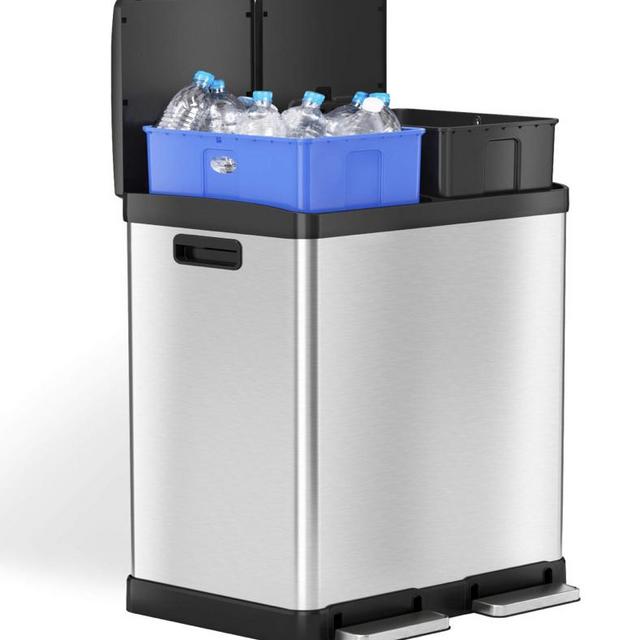 iTouchless 16 Gallon Kitchen Dual Step Trash Can & Recycle Bin, Stainless Steel, includes 2 x 8 Gallon (30L) Removable Inner Buckets, Soft Close Lid and Airtight, for Home, Office, Business