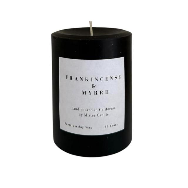 Mister Candle - 3" x 4" Frankincense and Myrrh Scented Pillar Candle - Solid Black Color Made with Essential Oils for Home Decor, Premium Soy Wax, 60 Hr Burn Time Made in USA (Frankincense & Myrrh)