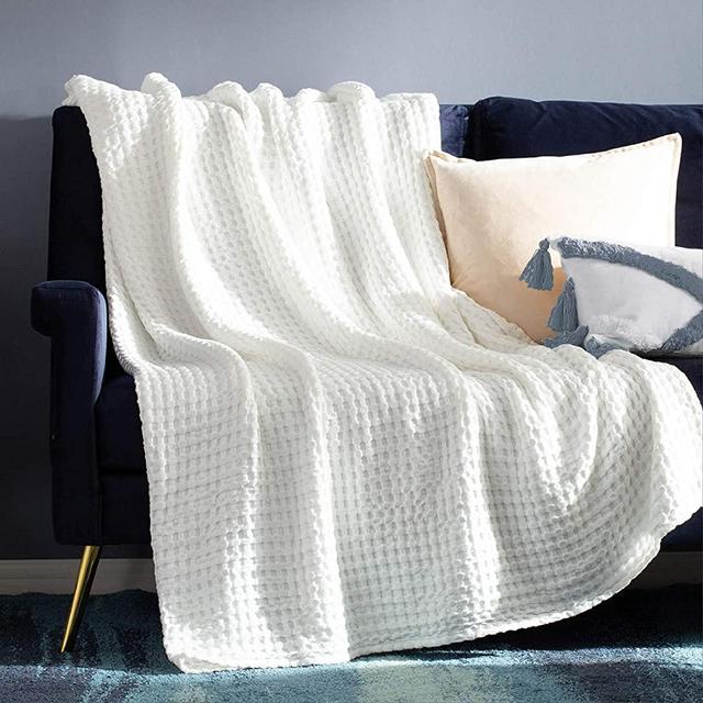Bedsure 50% Cotton 50% Bamboo Blanket, Waffle Weave Throw Blanket for Couch Sofa, Soft Decorative Lightweight Blanket for All Seasons (Throw Size, 50 x 60, Cream White)