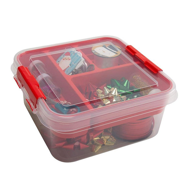 Simplify 5 Compartment Gift Supply Storage Box | 2 Tier Box | Red | Clear Top Lid | Dimensions: 9.5"x 9.5"x 4.5" | Snap Handle| Storage | Wrapping Accessories