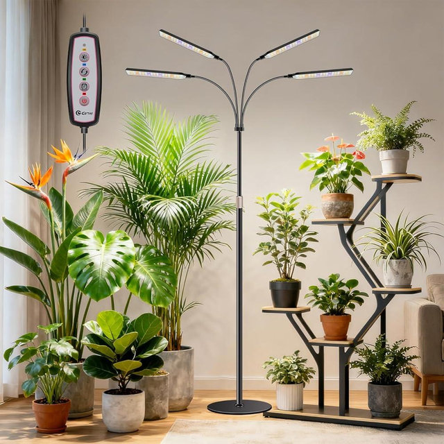 Kullsinss Grow Lights for Indoor Plants with Stand, 4-Heads Full Specturm Plant Grow Light with 4/8/12/16H Timer, 3 Color Modes, 360° Flexible Gooseneck, 24-68.7in Hight Adjustable Grow Lamp, Black