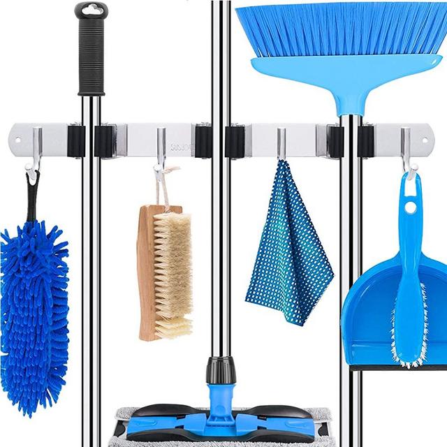 HYRIXDIRECT Mop and Broom Holder Wall Mount Heavy Duty Stainless Steel Broom Holder Wall Mounted Broom Organizer Home Garden Garage Storage Rack 3 Position with 4 Hooks (Sliver Stainless Steel)