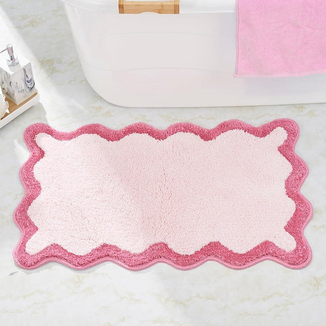 DyeFury Luxury Cute Bathroom Rugs, White Bath Mat W/Hot Pink Scalloped Edge, Microfiber Aesthetic Trendy Funky Fun Preppy Rug, Extra Soft Bathroom Mat Non-Slip for Shower, and Bath Room 30'' x 20''