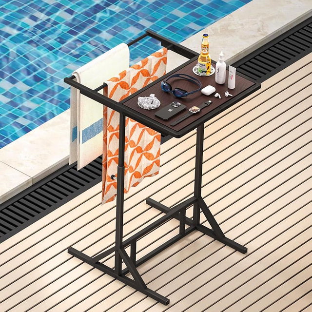 Adjustable Height Pool Towel Rack sunproof waterproof tabletop, Outdoor Table Tray with Drink Holders, Metal Base, Above Ground Pool and Hot Tub Accessory (Black iron + waterproof tabletop)