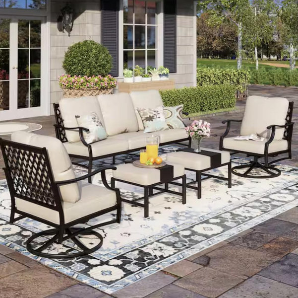 PHI VILLA Black 5-Piece Metal Meshed 7-Seat Outdoor Patio Conversation Set with Beige Cushions, 2 Swivel Chairs and 2 Ottomans DE02GF1505256