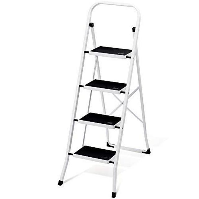 Delxo Folding 4 Step Ladder with Convenient Handgrip Anti-Slip Sturdy and Wide Pedal 300lbs Portable Steel Step Stool White and Black 4-Feet