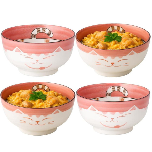 JapanBargain 2483, Japanese Porcelain Ramen and Soup Bowl Set, Maneki Neko Smiling Cat Pattern, 5-Inch, Pink, Made in Japan (Set of 4)