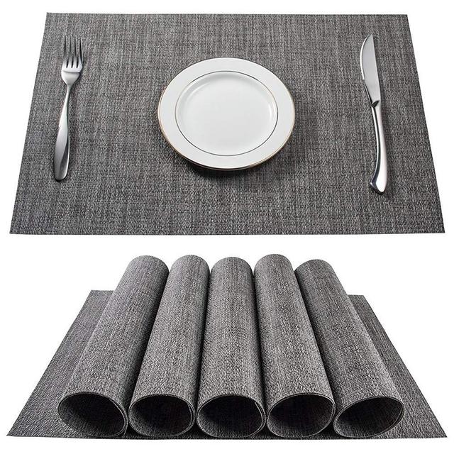 BETEAM Placemats, Heat-Resistant Placemats Stain Resistant Anti-Skid Washable PVC Table Mats Woven Vinyl Placemats, Set of 6(Gray)