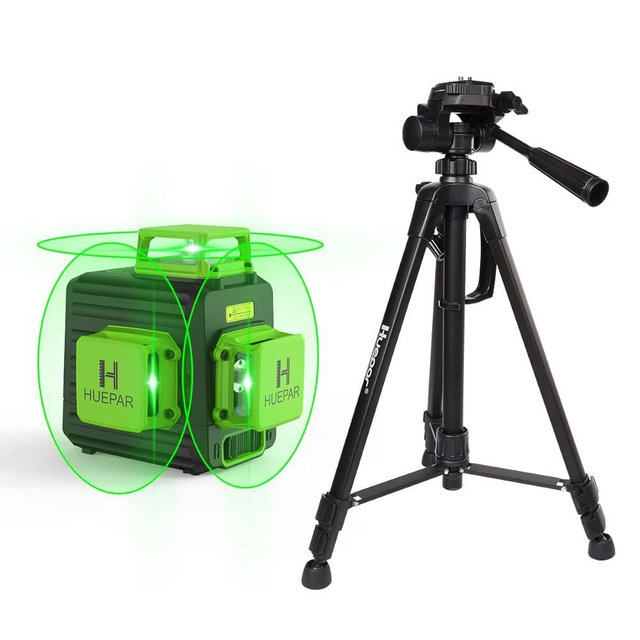 Huepar 3x360 Self-leveling Cross-Line Laser Level, 3D Green Beam Three-Plane Leveling and Alignment Laser Tool with 47" Lightweight Extendable Tripod Set, Li-ion Battery&2 Portable Bag Included-B03TP