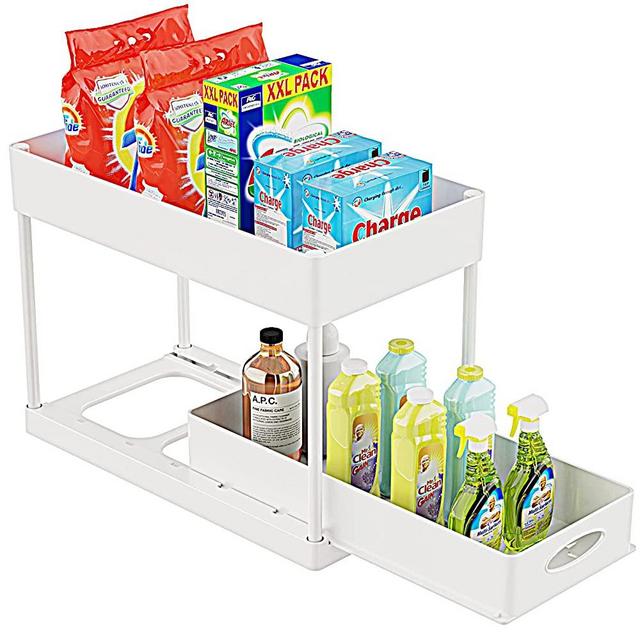 PUILUO Under Sliding Cabinet Basket Organizer, 2 Tier Storage Under Cabinet Bathroom Under Sink Organizers and Storage White Under Sink Storage for Bathroom Kitchen