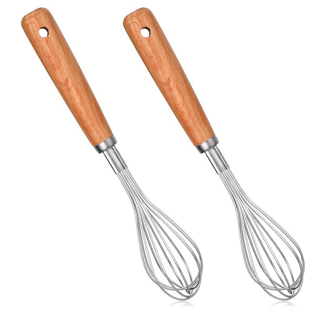 2 PCS Whisk Wooden Handle Stainless Steel, Wisking Tool Stainless, Kitchen Hand Whisk, Non Stick Balloon Whisk for Stirring, Whisking, Beating, Blending, Egg, Batter (8.07"L X 1.57"W)