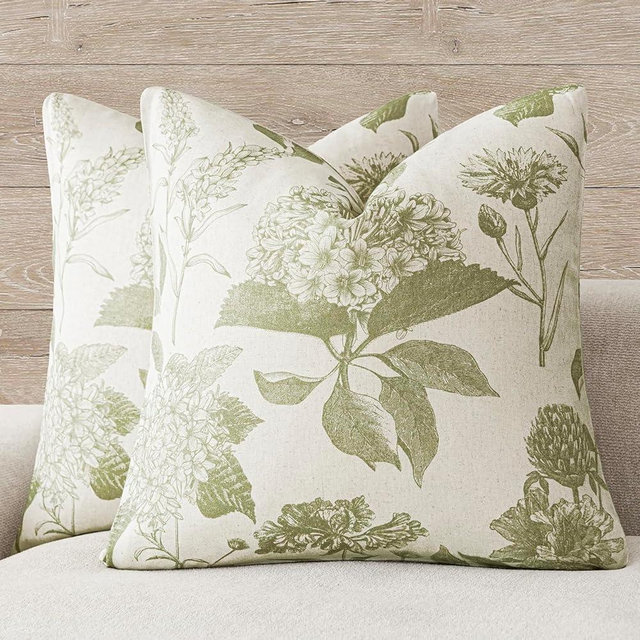 Foindtower Set of 2 Linen Floral Throw Pillow Covers Vintage Accent Print Decorative Cozy Cushion Covers Farmhouse Boho Home Decor for Sofa Chair Couch Bedroom Living Room,24×24 Inch,Light Green