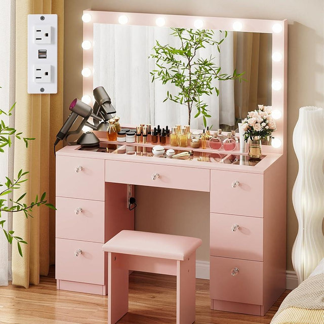 VOWNER Vanity with Lighted Mirror - Glass Top Makeup Vanity Desk with 7 Drawers and Power Outlet, 3 Color Lighting Modes Adjustable Brightness, 44" Vanity Table with Stool for Women Girls, Pink