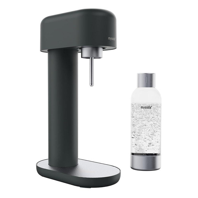 Mysoda Ruby 2 Sparkling Water Maker - Silent Carbonated Water Machine Made of Robust Long-Lasting Aluminium & 1L Water Bottle - Without CO2 Cylinder - Colour Black Silver