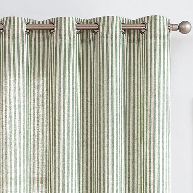 COLLACT Green Striped Linen Curtains 84 Inch Length for Living Room Farmhouse Pinstripe Pattern Curtains Light Filtering Drapes Grommet Top Window Treatments, W50 x L84, 2 Panels Sage Green on Beige