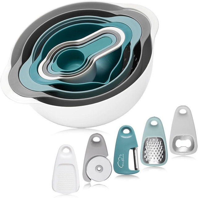 Mixing Bowls for Kitchen, 13 Piece Plastic Mixing Bowls Set Includes 2 Mixing Bowls, 1 Colander, 1 Sifter, 4 Measuring Cups, 5 Kitchen Gadgets for Baking Prepping Cooking and Serving, BPA Free