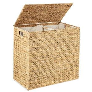 Amazon Best Choice Products Large Double Laundry Hamper with Lid, Natural Handwoven Water Hyacinth, 2 Sections w/ 2 Machine Washable Linen Liner Bags, Portable, Handles - Natural