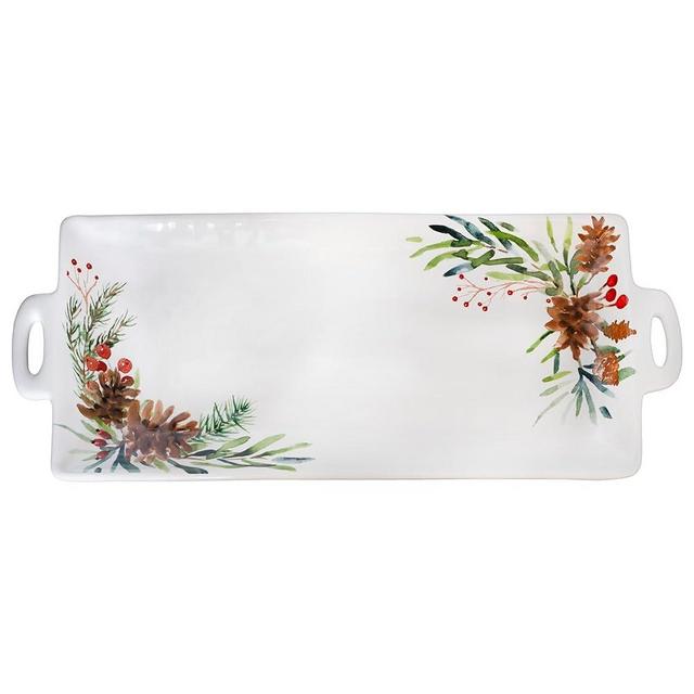 AuldHome Christmas Greenery Ceramic Platter; Long Rectangular Holiday Decorative Serving Tray
