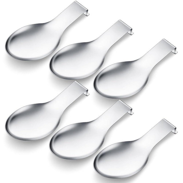 Nuanchu 6 Pcs Stainless Steel Spoon Rest Spatula Ladle Holder Spoon for Stove Top Heavy Duty Spatula Holder for Countertop Dishwasher Safe Utensil Rest for Kitchen, 3.8 x 9.6" (Silver)