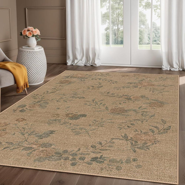 Lahome Floral Easy Jute Outdoor Rug, 5x7 Neutral Area Rugs for Living Room Bedroom Aesthetic Washable Indoor Outdoor Patio Carpet, Farmhouse Non Slip Dining Room Mats for Under Table