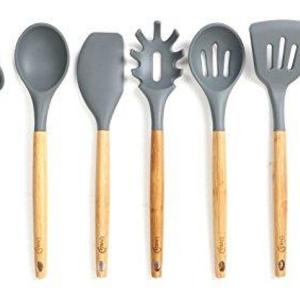 Lively Home Goods 7-Piece Premium Silicone Kitchen Cooking Utensils Set with Bamboo Handle for Nonstick Cookware, Grey