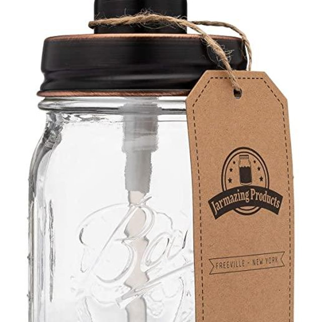Jarmazing Products Classic Farmhouse Mason Jar Soap Dispenser - Oil-Rubbed Bronze - with 16 Ounce Ball Mason Jar