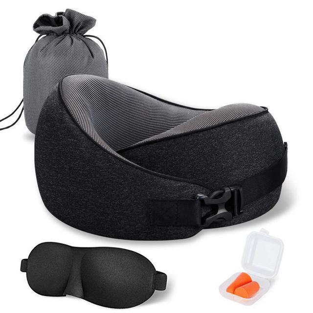 MLVOC Travel Pillow 100% Pure Memory Foam Neck Pillow, Comfortable & Breathable Cover, Machine Washable, Airplane Travel Kit with 3D Contoured Eye Masks, Earplugs, and Luxury Bag, Standard (New Black)