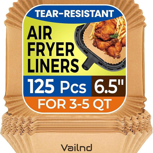 Air Fryer Paper Liners: 125Pcs Parchment Paper, Air Fryer Liner Disposable, Oilproof Waterproof Airfryer Basket Liner Square (6.5inch)