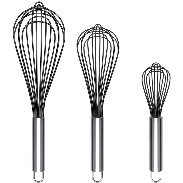 TEEVEA Silicone Whisk,Non Stick Kitchen Whisks for Cooking,Stainless Steel Metal Wire Silicone Rubber Coated Wisk,Heat Resistant & Non Scratch,Perfect for Eggs,Bread Wisking Tool Set of 3,Black