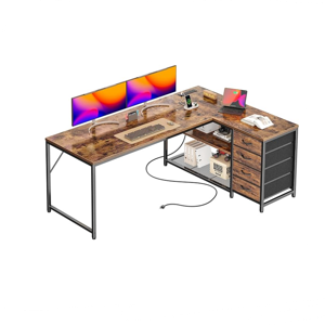 PRAISUN 61" L Shaped Desk with Power Outlets and USB-C Port, Reversible Computer Corner Office Desk with 4 Fabric Drawers and 2 Height-Adjustable Shelves, Large for Gaming Writing Study, Rustic Brown